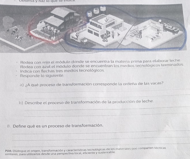 Rodea con rojo el módulo donde se encuentra la materia prima para elaborar leche. 
Rodea con azul el módulo donde se encuentran los medios tecnológicos terminados. 
Indica con flechas tres medios tecnológicos. 
Responde lo siguiente. 
_ 
) ¿A qué proceso de transformación corresponde la ordeña de las vacas? 
_ 
_ 
b) Describe el proceso de transformación de la producción de leche. 
_ 
_ 
8. Define qué es un proceso de transformación. 
_ 
_ 
PDA: Distingue el origen, transformación y características tecrológicas de los materiales que comparten técnicas 
similares, para utilizarlos desde una perspectiva local, eficiente y sustentable