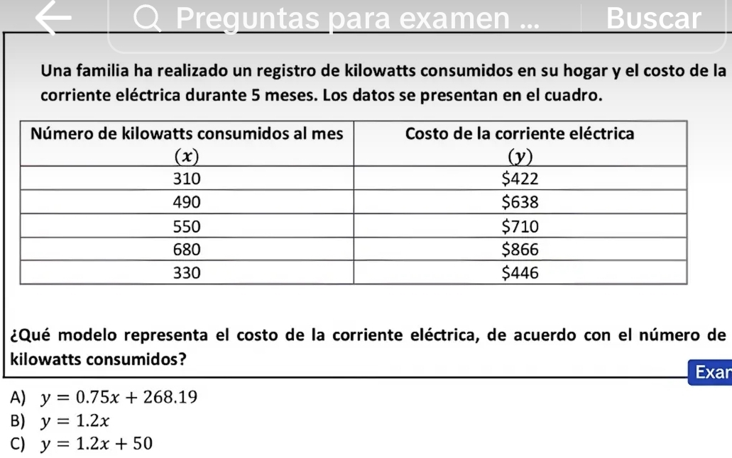 Preguntas para examen Buscar
Una familia ha realizado un registro de kilowatts consumidos en su hogar y el costo de la
corriente eléctrica durante 5 meses. Los datos se presentan en el cuadro.
¿Qué modelo representa el costo de la corriente eléctrica, de acuerdo con el número de
kilowatts consumidos?
Exar
A) y=0.75x+268.19
B) y=1.2x
C) y=1.2x+50