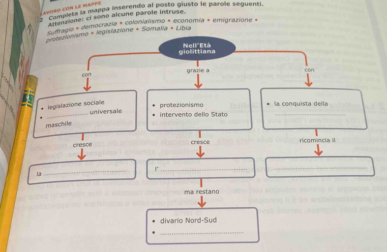 LAVORO CON LE MAPPE 
2 Completa la mappa inserendo al posto giusto le parole seguentí. 
Attenzione: ci sono alcune parole intruse. 
Suffragio * democrazia * colonialismo * economia * emigrazione « 
protezionismo * legislazione * Somalia * Libia 
Nell'Età 
giolittiana 
con grazie a con 
legislazione sociale 
protezionismo la conquista della 
_universale intervento dello Stato_ 
maschile 
cresce cresce ricomincia il 
l'_ 
_ 
la 
_ 
ma restano 
divario Nord-Sud 
_