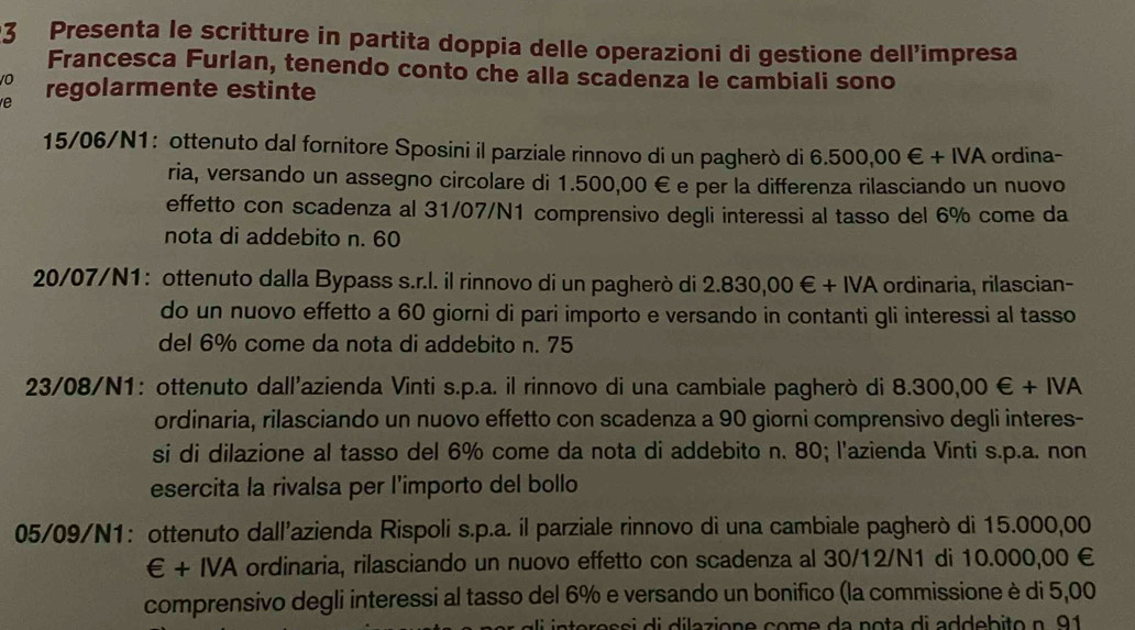 Presenta le scritture in partita doppia delle operazioni di gestione dell’impresa
Francesca Furlan, tenendo conto che alla scadenza le cambiali sono
10
e regolarmente estinte
15/06/N1： ottenuto dal fornitore Sposini il parziale rinnovo di un pagherò di 6.500,00∈ +IVA ordina-
ria, versando un assegno circolare di 1.500,00 €e per la differenza rilasciando un nuovo
effetto con scadenza al 31/07/N1 comprensivo degli interessi al tasso del 6% come da
nota di addebito n. 60
20/07/N1： ottenuto dalla Bypass s.r.l. il rinnovo di un pagherò di 2.830,00∈ +IVA ordinaria, rilascian-
do un nuovo effetto a 60 giorni di pari importo e versando in contanti gli interessi al tasso
del 6% come da nota di addebito n. 75
23/08/N1： ottenuto dall'azienda Vinti s.p.a. il rinnovo di una cambiale pagherò di 8.300,00∈ +IVA
ordinaria, rilasciando un nuovo effetto con scadenza a 90 giorni comprensivo degli interes-
si di dilazione al tasso del 6% come da nota di addebito n. 80; l'azienda Vinti s.p.a. non
esercita la rivalsa per l'importo del bollo
05/09/N1: ottenuto dall'azienda Rispoli s.p.a. il parziale rinnovo di una cambiale pagherò di 15.000,00
∈ +IVA ordinaria, rilasciando un nuovo effetto con scadenza al 30/12/N1 di 10.000,00 €
comprensivo degli interessi al tasso del 6% e versando un bonifico (la commissione è di 5,00
oressi di dilazione come da nota di addebito n. 91