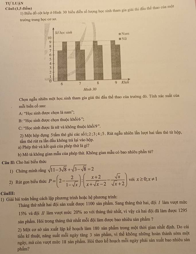 tự luận
CâuI:(1,5 điễm)
1) Biểu đồ cột kép ở Hình 30 biểu diễn số lượng học sinh tham gia giải thi đầu thể thao của một
trường trung học cơ sơ.
Chọn ngẫu nhiên một học.sinh tham gia giải thi đấu thể thao của trường đó. Tính xác suất của
mỗi biến cố sau:
A: “Học sinh được chọn là nam”;
B: “Học sinh được chọn thuộc khối 6 ”;
C: “Học sinh được là nữ và không thuộc khối 9”.
2) Một hộp đựng 5 tấm thẻ ghi các số1; 1;2;3;4;5. Rút ngẫu nhiên lần lượt hai tấm thẻ từ hộp,
tấm thẻ rút ra lần đầu không trả lại vào hộp.
a) Phép thử và kết quả của phép thử là gì?
b) Mô tả không gian mẫu của phép thử. Không gian mẫu có bao nhiêu phần tử?
Câu II: Cho hai biểu thức
1) Chứng minh rằng sqrt(11-3sqrt 8)+sqrt(3-sqrt 8)=2
2) Rút gọn biểu thức P=(2- 2/1-sqrt(x) ):( (x+2)/x+sqrt(x)-2 - sqrt(x)/sqrt(x)+2 ) với x≥ 0;x!= 1
CâuIII:
1) Giải bài toán bằng cách lập phương trình hoặc hệ phương trình:
Tháng thứ nhất hai đội sản xuất được 1100 sản phẩm. Sang tháng thứ hai, đội / làm vượt mức
15% và đội / làm vượt mức 20% so với tháng thứ nhất, vì vậy cả hai đội đã làm được 1295
sản phẩm. Hỏi trong tháng thứ nhất mỗi đội làm được bao nhiêu sản phẩm ?
2) Một cơ sở sản xuất lập kế hoạch làm 180 sản phẩm trong một thời gian nhất định. Do cải
tiến kĩ thuật, năng suất mỗi ngày tăng 3 sản phẩm, vì thế không những hoàn thành sớm một
ngày, mà còn vượt mức 18 sản phẩm. Hỏi theo kế hoạch mỗi ngày phải sản xuất bao nhiêu sản
phẩm?