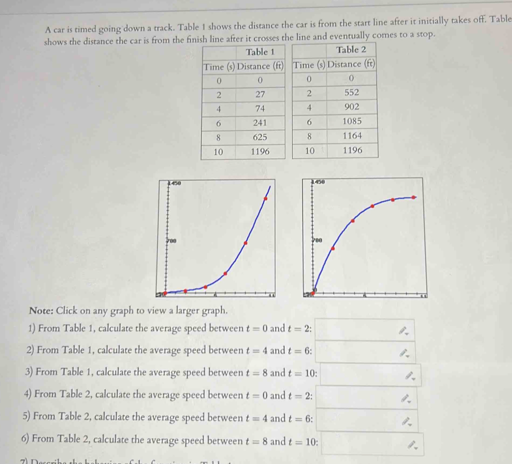 A car is timed going down a track. Table 1 shows the distance the car is from the start line after it initially takes off. Table 
shows the distance the car is from the finish line after it crosses the line and eventually comes to a stop. 
Table 2 

Note: Click on any graph to view a larger graph. 
1) From Table 1, calculate the average speed between t=0 and t=2
2) From Table 1, calculate the average speed between t=4 and t=6. 
3) From Table 1, calculate the average speed between t=8 and t=10
4) From Table 2, calculate the average speed between t=0 and t=2
5) From Table 2, calculate the average speed between t=4 and t=6 : 
6) From Table 2, calculate the average speed between t=8 and t=10