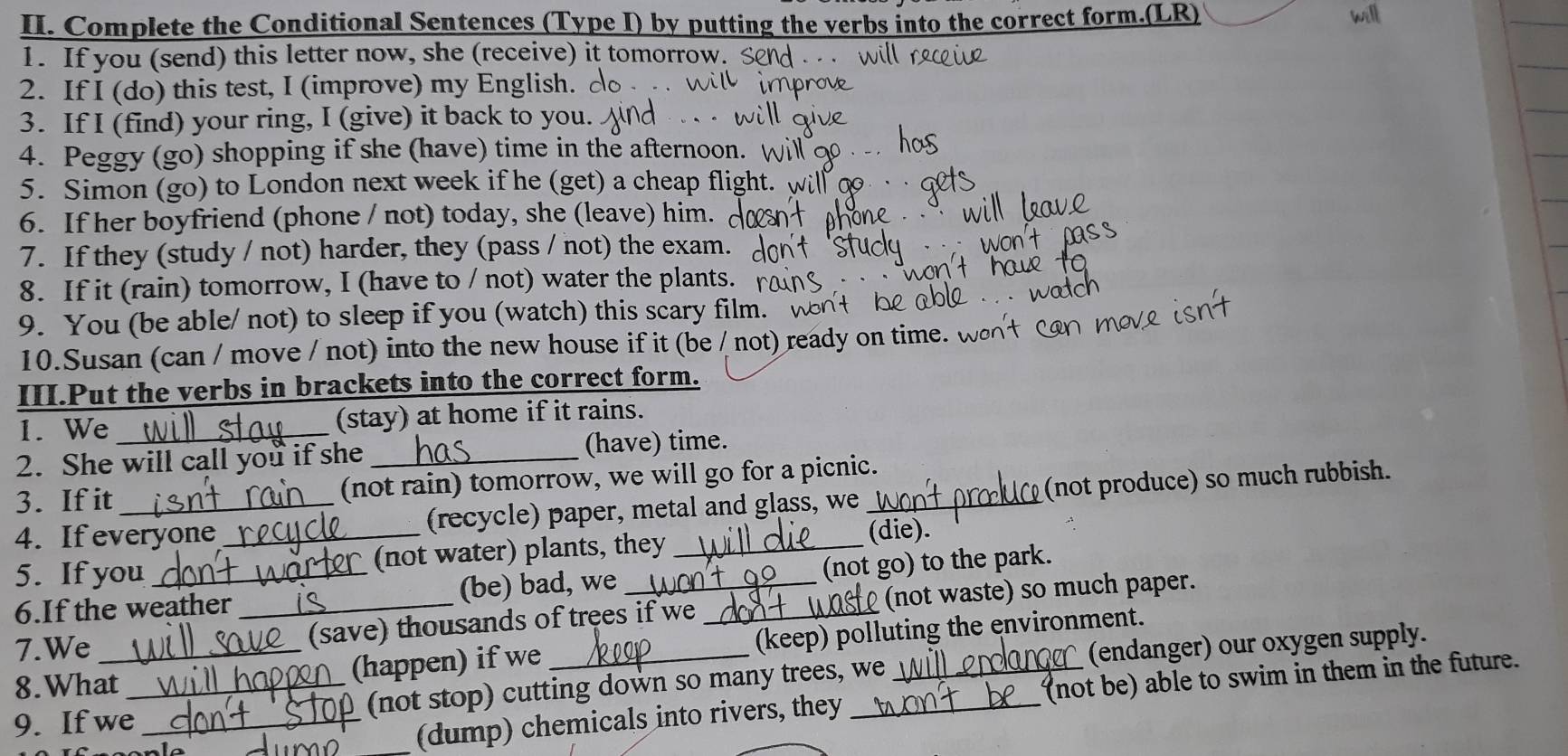 Solved: Complete the Conditional Sentences (Type I) by putting the ...