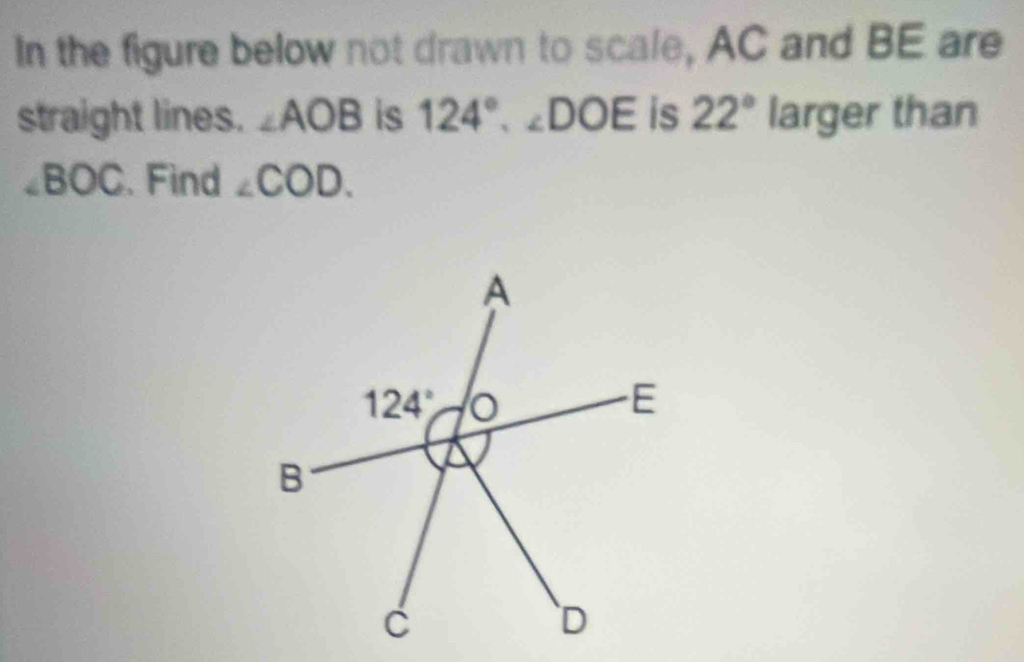 In the figure below not drawn to scale, AC and BE are
straight lines. ∠ AOB is 124°.∠ DOE is 22° larger than
∠ BOC. Find ∠ COD.