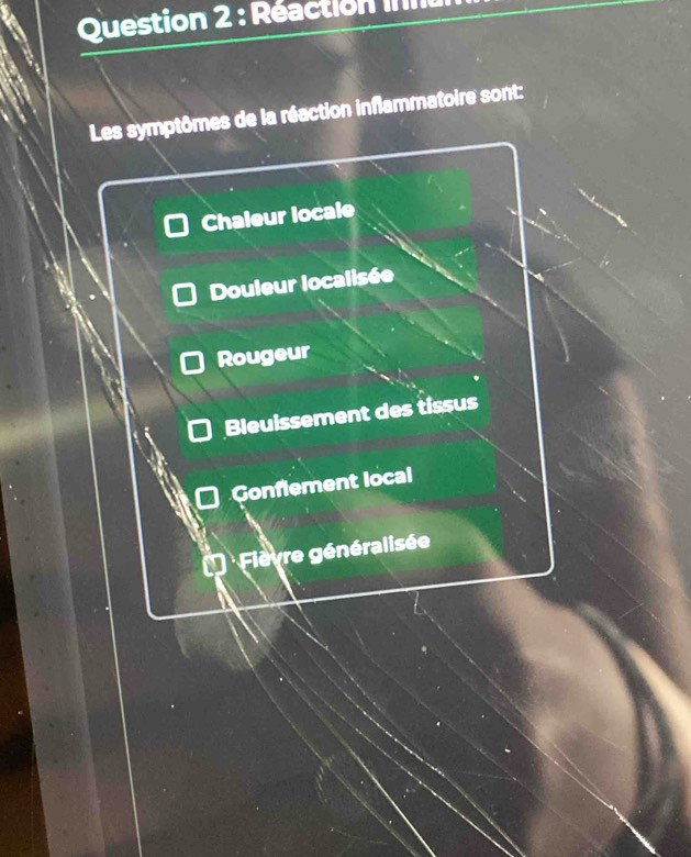 Réaction innu
Les symptômes de la réaction inflammatoire sont:
Chaleur locale
Douleur localisée
Rougeur
Bleuissement des tissus
Gonflement local
* Fièvre généralisée