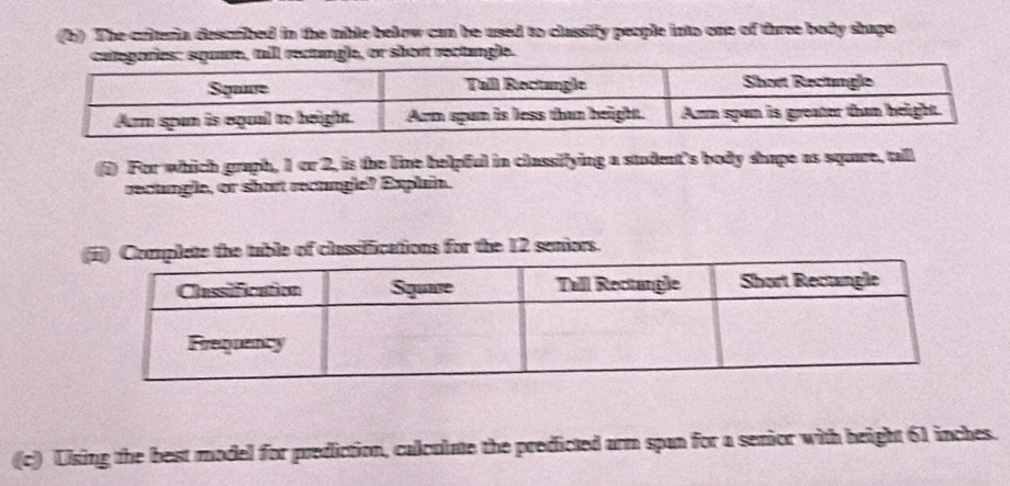 The criteria described in the table below can be used to classify people into one of three body shape 
gle, or short rectangle. 
() For which graph, 1 or 2, is the line helpful in classiffying a student's body shape as square, tall 
rectungle, or short rectngle? Explain. 
e table of classiffications for the 12 seniors. 
((c) Using the best model for prediction, calculate the predicted arm span for a serior with height 61 inches.