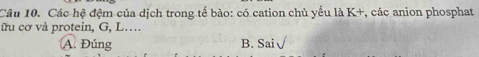 Các hệ đệm của dịch trong tế bào: có cation chủ yếu là K+, các anion phosphat
ữu cơ và protein, G, L… B. Sai
A. Đúng