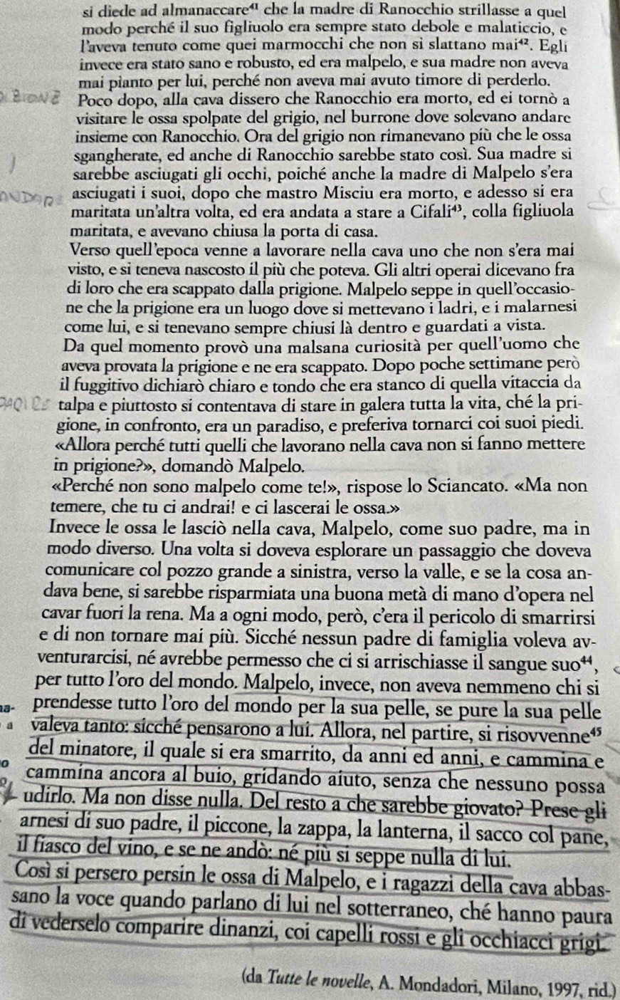 si diede ad almanaccare' che la madre di Ranocchio strillasse a quel
modo perché il suo figliuolo era sempre stato debole e malaticcio, e
laveva tenuto come quei marmocchi che non sì slattano mai⁴. Egli
invece era stato sano e robusto, ed era malpelo, e sua madre non aveva
mai pianto per lui, perché non aveva mai avuto timore di perderlo.
Poco dopo, alla cava dissero che Ranocchio era morto, ed ei tornò a
visitare le ossa spolpate del grigio, nel burrone dove solevano andare
insieme con Ranocchio. Ora del grigio non rimanevano píù che le ossa
sgangherate, ed anche di Ranocchio sarebbe stato cosí. Sua madre si
sarebbe asciugati gli occhi, poiché anche la madre di Malpelo s'era
asciugati i suoi, dopo che mastro Misciu era morto, e adesso si era
maritata un’altra volta, ed era andata a stare a Cifali⁴, colla figliuola
maritata, e avevano chiusa la porta di casa.
Verso quell'epoca venne a lavorare nella cava uno che non s'era mai
visto, e si teneva nascosto íl più che poteva. Gli altri operai dicevano fra
di loro che era scappato dalla prigione. Malpelo seppe in quell’occasio-
ne che la prigione era un luogo dove si mettevano i ladri, e i malarnesi
come lui, e si tenevano sempre chiusi là dentro e guardati a vista.
Da quel momento provò una malsana curiosità per quell'uomo che
aveva provata la prigione e ne era scappato. Dopo poche settimane però
il fuggitivo dichiarò chiaro e tondo che era stanco di quella vitaccia da
talpa e piuttosto si contentava di stare in galera tutta la vita, ché la pri-
gione, in confronto, era un paradiso, e preferiva tornarci coi suoi piedi.
«Allora perché tutti quelli che lavorano nella cava non si fanno mettere
in prigione?», domandò Malpelo.
«Perché non sono malpelo come te!», rispose lo Sciancato. «Ma non
temere, che tu ci andrai! e ci lascerai le ossa.»
Invece le ossa le lasciò nella cava, Malpelo, come suo padre, ma in
modo diverso. Una volta si doveva esplorare un passaggio che doveva
comunicare col pozzo grande a sinistra, verso la valle, e se la cosa an-
dava bene, si sarebbe risparmiata una buona metà di mano d’opera nel
cavar fuori la rena. Ma a ogni modo, però, c’era il pericolo di smarrirsi
e di non tornare mai più. Sicché nessun padre di famiglia voleva av-
venturarcisi, né avrebbe permesso che ci si arrischiasse il sangue suo*,
per tutto l’oro del mondo. Malpelo, invece, non aveva nemmeno chi si
prendesse tutto l’oro del mondo per la sua pelle, se pure la sua pelle
valeva tanto: sicché pensarono a lui. Allora, nel partire, si risovvenne'
del minatore, il quale si era smarrito, da anni ed anni, e cammina e
cammina ancora al buio, gridando aíuto, senza che nessuno possa
udirlo. Ma non disse nulla. Del resto a che sarebbe giovato? Prese gli
arnesi di suo padre, il piccone, la zappa, la lanterna, il sacco col pane,
il fiasco del vino, e se ne andò: né più si seppe nulla di lui.
Così si persero persín le ossa di Malpelo, e i ragazzi della cava abbas-
sano la voce quando parlano di lui nel sotterraneo, ché hanno paura
di vederselo comparire dinanzi, coi capelli rossi e gli occhiacci grigi.
(da Tutte le novelle, A. Mondadori, Milano, 1997, rid.)