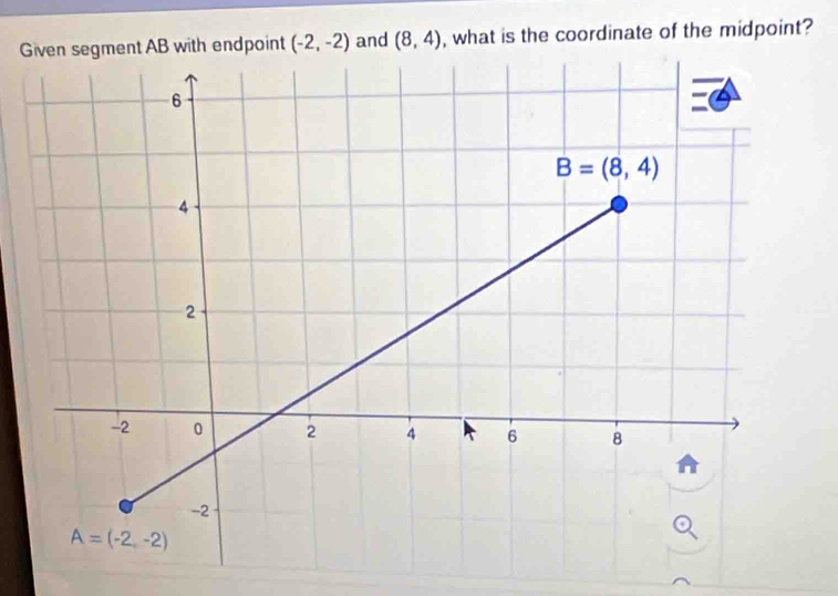 Gment AB with endpoint (-2,-2) and (8,4) , what is the coordinate of the midpoint?