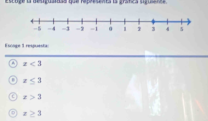 escoge la desiguaidad que representa la gráfica siguiente.
Escoge 1 respuesta:
A x<3</tex>
B x≤ 3
x>3
D x≥ 3