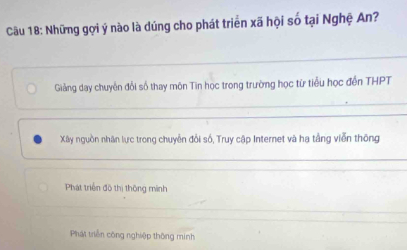 Những gợi ý nào là dúng cho phát triển xã hội số tại Nghệ An?
Giảng day chuyển đổi số thay môn Tin học trong trường học từ tiểu học đến THPT
Xây nguồn nhân lực trong chuyễn đổi số, Truy cập Internet và hạ tầng viễn thông
Phát triển đồ thị thông minh
Phát triển công nghiệp thông minh