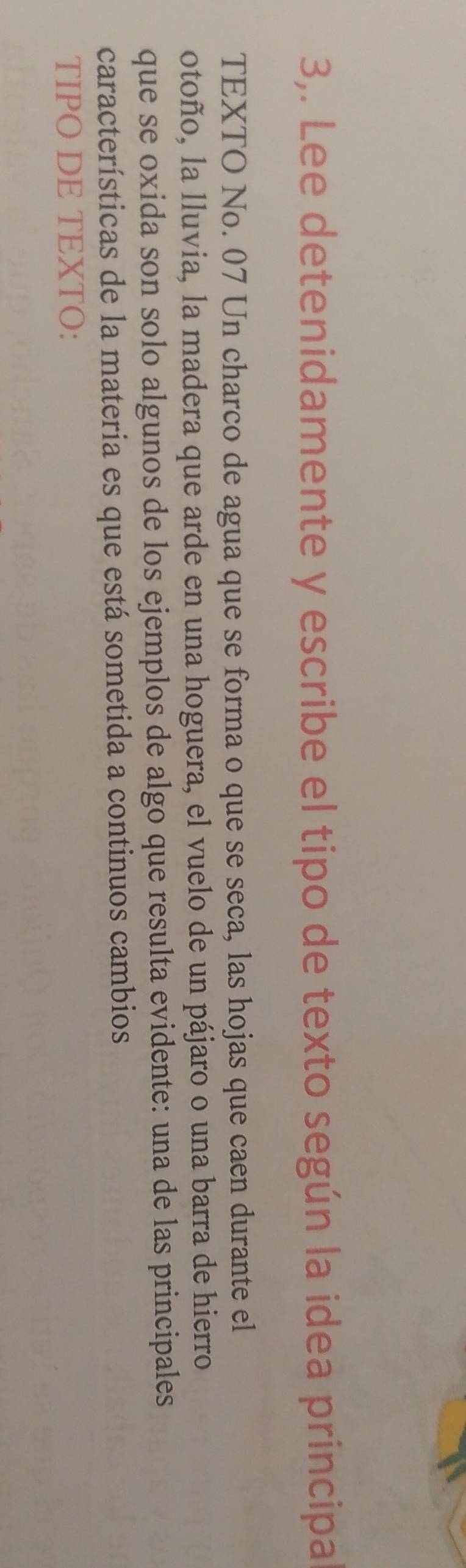 3,. Lee detenidamente y escribe el tipo de texto según la idea principa 
TEXTO No. 07 Un charco de agua que se forma o que se seca, las hojas que caen durante el 
otoño, la lluvia, la madera que arde en una hoguera, el vuelo de un pájaro o una barra de hierro 
que se oxida son solo algunos de los ejemplos de algo que resulta evidente: una de las principales 
características de la materia es que está sometida a continuos cambios 
TIPO DE TEXTO: