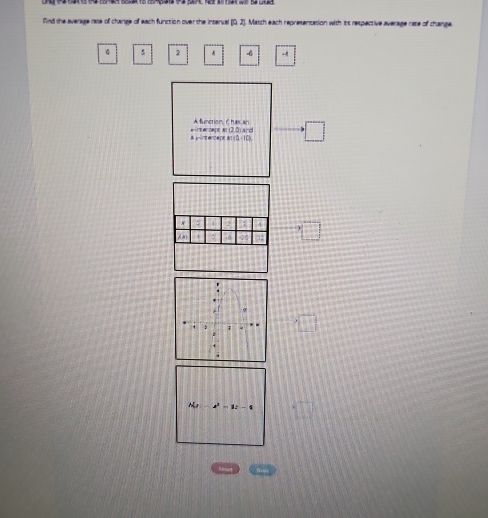 fnd the average rase of change of each function over the interval (Q. 2). Match each representation with its respective average rase of change
6 5 2 -6
A funerion, 1 tux an 
a inenapt a (2,5) and y=1T2D 12-10 □
N_2-lambda^2=1:-4-1