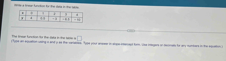 Write a linear function for the data in the table. 
The linear function for the data in the table is □. 
(Type an equation using x and y as the variables. Type your answer in slope-intercept form. Use integers or decimals for any numbers in the equation.)