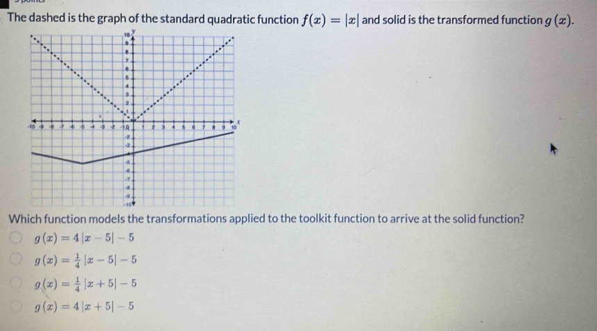 The dashed is the graph of the standard quadratic function f(x)=|x| and solid is the transformed function g(x). 
Which function models the transformations applied to the toolkit function to arrive at the solid function?
g(x)=4|x-5|-5
g(x)= 1/4 |x-5|-5
g(x)= 1/4 |x+5|-5
g(x)=4|x+5|-5