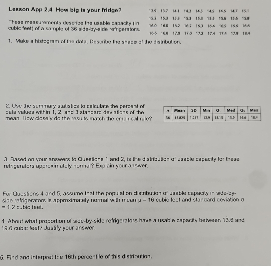 Lesson App 2.4 How big is your fridge? 12.9 13.7 14.1 14.2 14.5 14.5 14.6 14.7 15.1
15.2 15.3 15.3 15.3 15.3 15.5 15.6 15.6 15.8
These measurements describe the usable capacity (in 16.0 16.0 16.2 16.2 16.3 16.4 16.5 16.6 16.6
cubic feet) of a sample of 36 side-by-side refrigerators. 16.6 16.8 17.0 17.0 17.2 17.4 17.4 17.9 18.4
1. Make a histogram of the data. Describe the shape of the distribution.
2. Use the summary statistics to calculate the percent of
data values within 1, 2, and 3 standard deviations of the
mean. How closely do the results match the empirical rule?
3. Based on your answers to Questions 1 and 2, is the distribution of usable capacity for these
refrigerators approximately normal? Explain your answer.
For Questions 4 and 5, assume that the population distribution of usable capacity in side-by-
side refrigerators is approximately normal with mean mu =16 cubic feet and standard deviation σ
=1.2 cubic feet.
4. About what proportion of side-by-side refrigerators have a usable capacity between 13.6 and
19.6 cubic feet? Justify your answer.
5. Find and interpret the 16th percentile of this distribution.