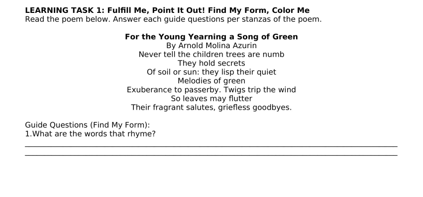 Solved: LEARNING TASK 1: Fulfill Me, Point It Out! Find My Form, Color ...