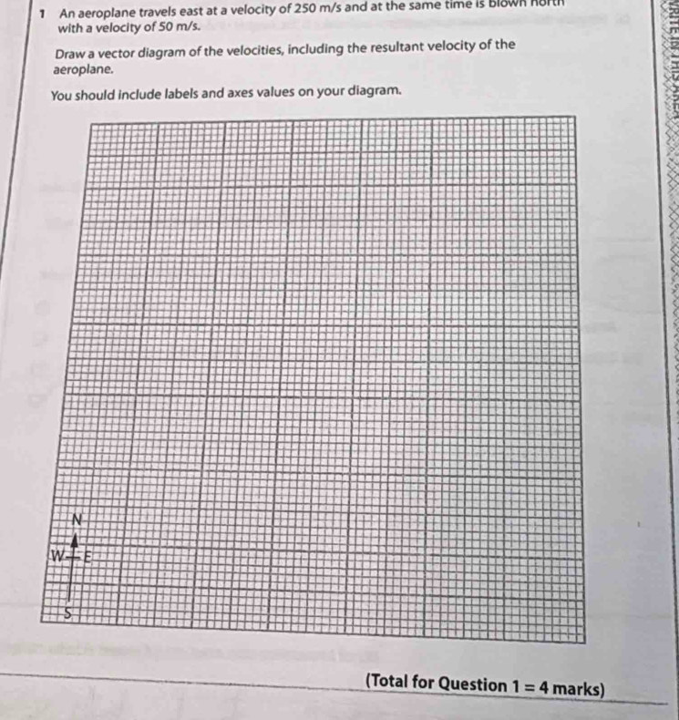 An aeroplane travels east at a velocity of 250 m/s and at the same time is Blown horth 
with a velocity of 50 m/s. 
Draw a vector diagram of the velocities, including the resultant velocity of the 
aeroplane. 
You should include labels and axes values on your diagram. 
(Total for Question 1=4 marks)