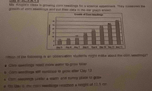 Ms Knight's class is growing corn seedlings for a science experiment. They measured the
growth of corn seedlings and put their date in the bar graph shown
Which of the fullowing is an observation students might make about the com seedings?
Cam seezilings need more water to grow taller
e. Corn seadlings will continue to grow after Day 12
o Com seedlings prefer a warm and sunny place to grow
d On Day 8. the com saedlings reached a height of 12.5 cm