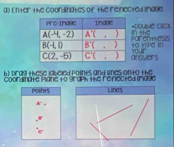 Enter the coordinates of the reflected image
*Double ClICk
n the
parenthesis
+O +Ype in
your
answers
b) Drag these labeled points and lines onto the
coordinate plane to graph the reflected image
Points Lines
A'.
B°
C°