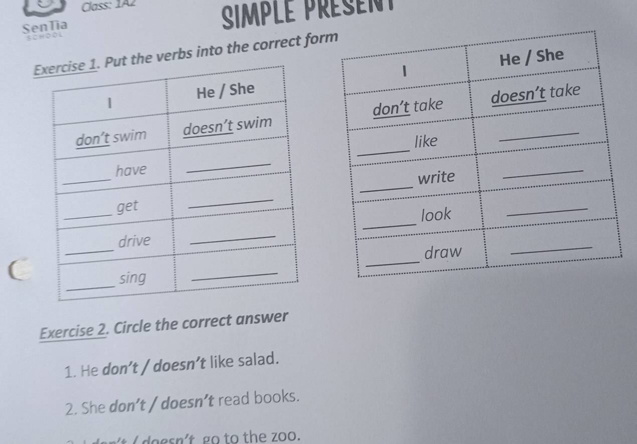 Class: 1A2
SenTia SimPle Présen
SCHOOL
erbs into the correct for

Exercise 2. Circle the correct answer
1. He don’t / doesn’t like salad.
2. She don’t / doesn’t read books.
o esn't go to the zoo.