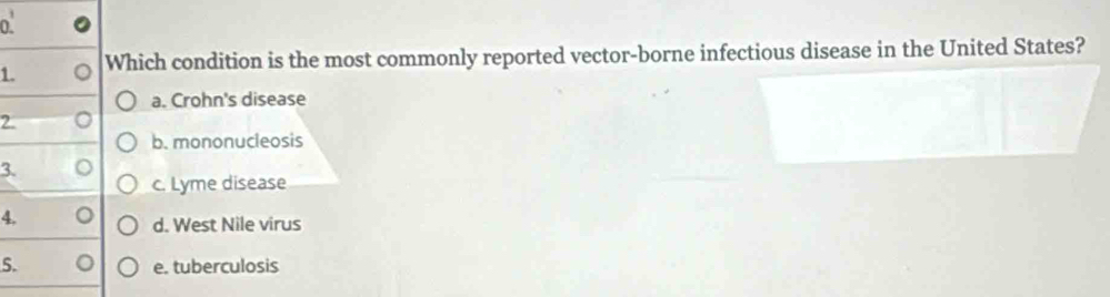 n'
1. Which condition is the most commonly reported vector-borne infectious disease in the United States?
a. Crohn's disease
2. 。
b. mononucleosis
3. 。
c. Lyme disease
4. 。 d. West Nile virus
5. 。 e. tuberculosis