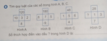 Tìm quy luật của các số trong hình A. B. C. 
Hình D 
Số thích hợp điền vào dấu ? trong hình D là:_