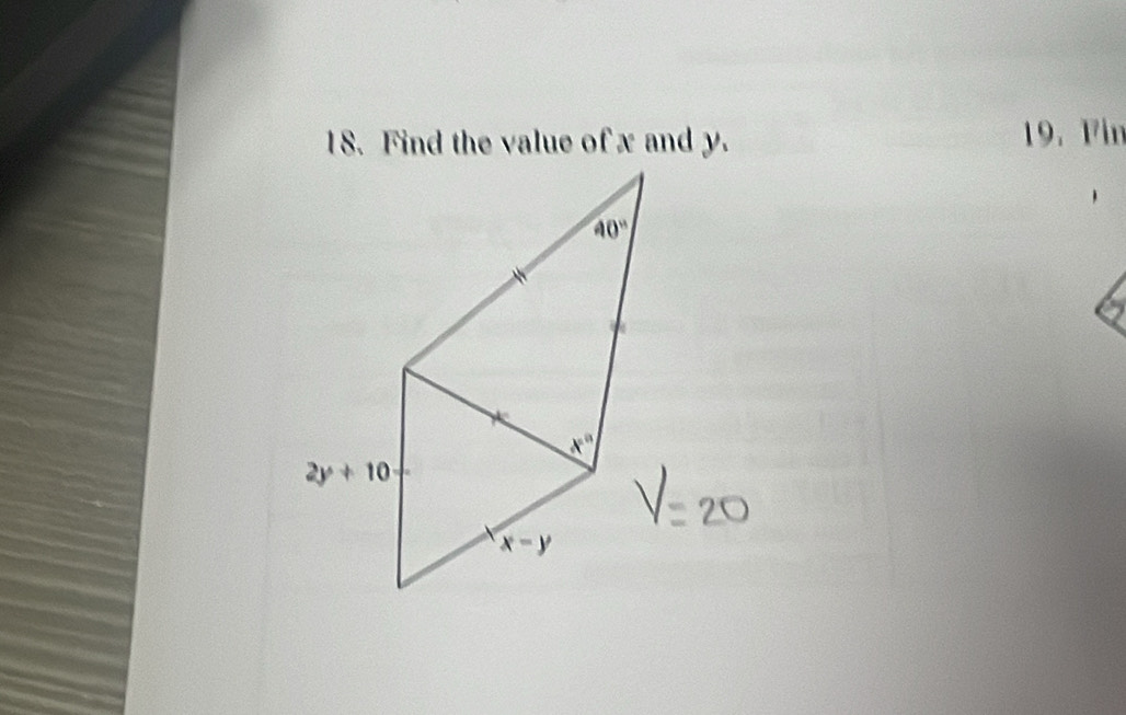 Find the value of x and y. 19. Fin