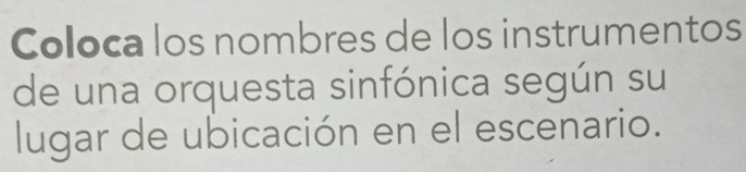 Coloca los nombres de los instrumentos 
de una orquesta sinfónica según su 
lugar de ubicación en el escenario.