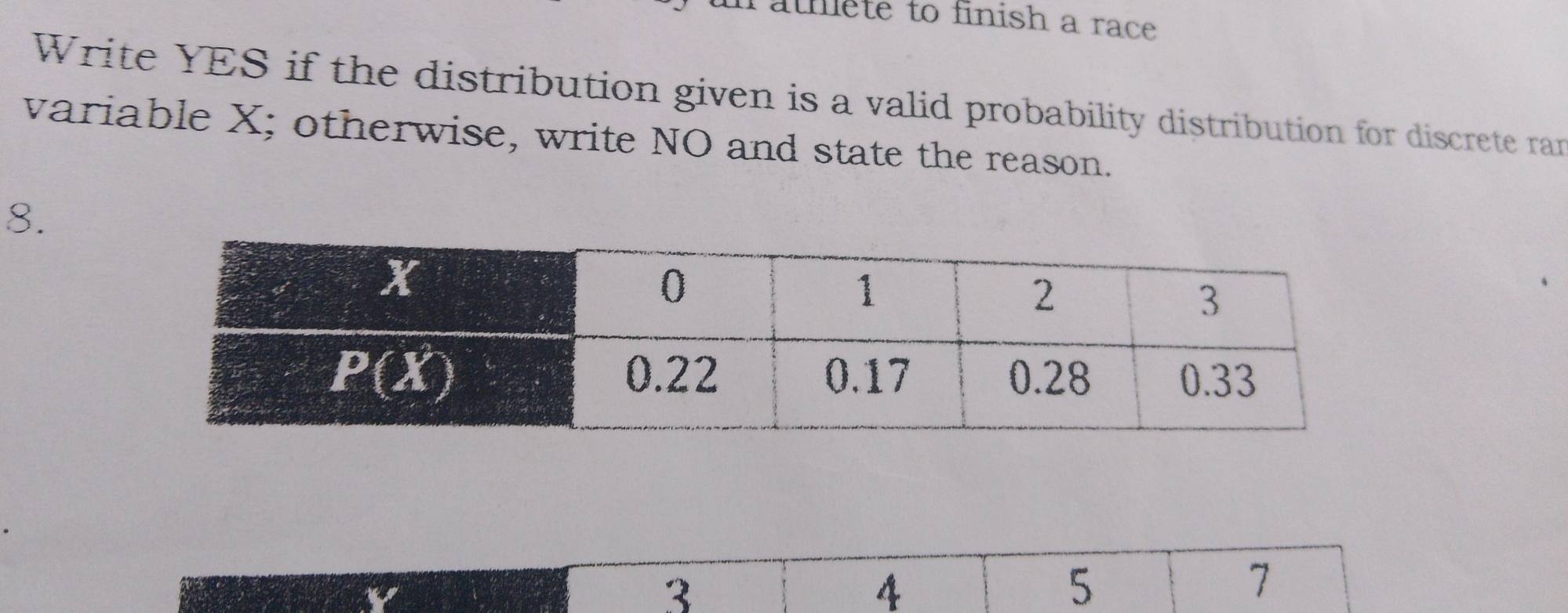 rathete to finish a race
Write YES if the distribution given is a valid probability distribution for discrete ran
variable X; otherwise, write NO and state the reason.
8.
v
3
4
5
7