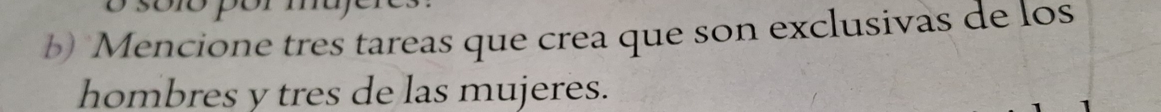 Mencione tres tareas que crea que son exclusivas de los 
hombres y tres de las mujeres.