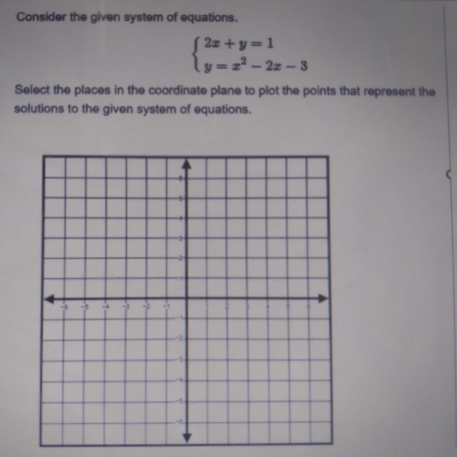 Consider the given system of equations.
beginarrayl 2x+y=1 y=x^2-2x-3endarray.
Select the places in the coordinate plane to plot the points that represent the 
solutions to the given system of equations.