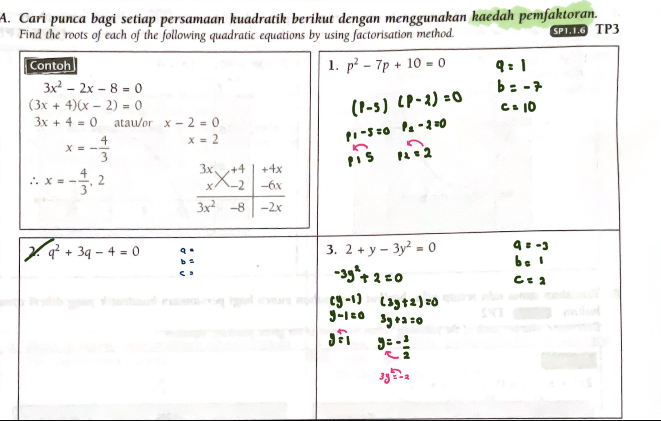 Cari punca bagi setiap persamaan kuadratik berikut dengan menggunakan kaedah pemfaktoran.
method.
SP1.1.6 TP3