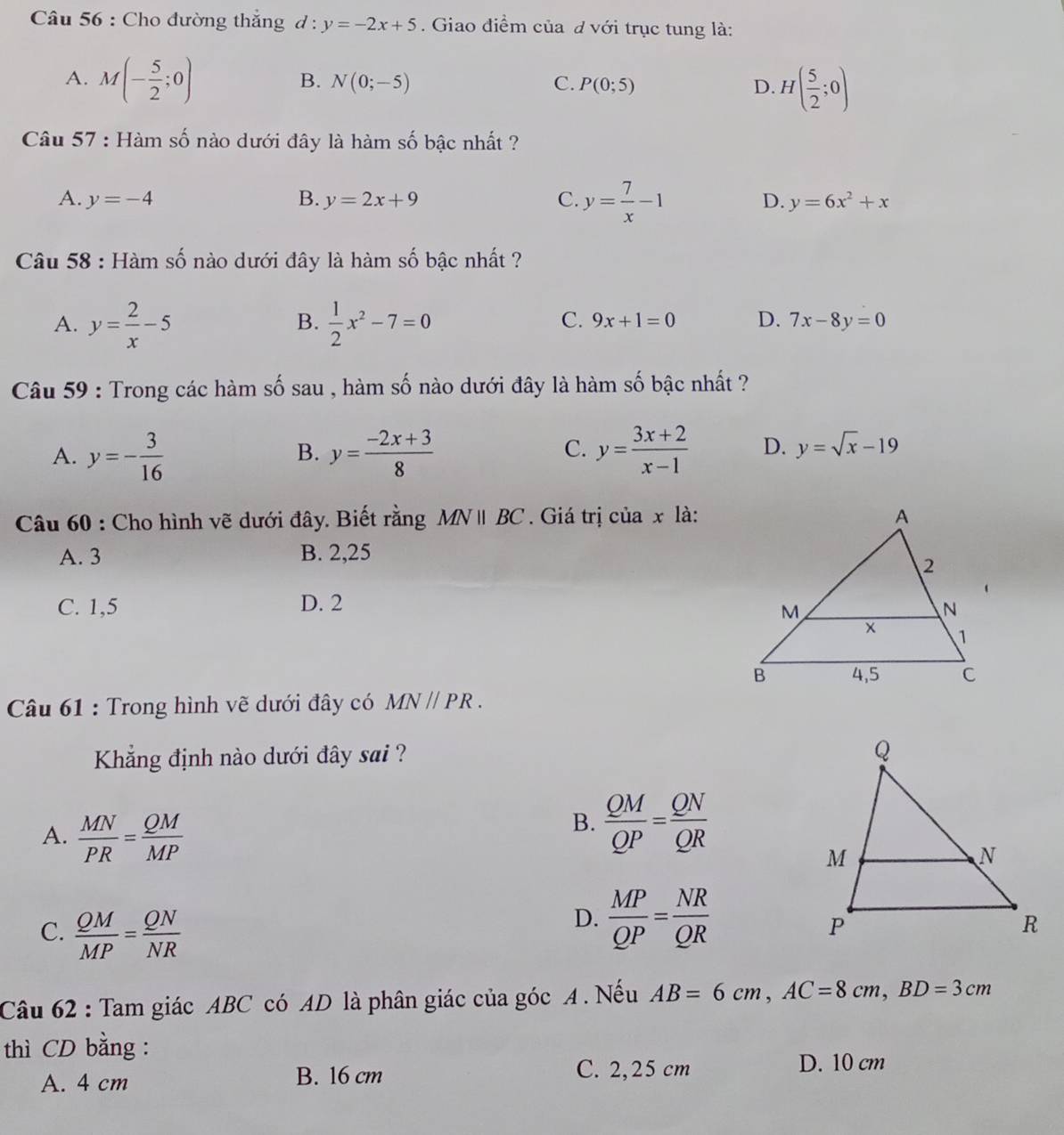 Cho đường thắng d : y=-2x+5. Giao điểm của đ với trục tung là:
A. M(- 5/2 ;0)
B. N(0;-5) C. P(0;5) D. H( 5/2 ;0)
Câu 57 : Hàm số nào dưới đây là hàm số bậc nhất ?
A. y=-4 B. y=2x+9 C. y= 7/x -1 D. y=6x^2+x
Câu 58 : Hàm số nào dưới đây là hàm số bậc nhất ?
B.
C. 9x+1=0 D.
A. y= 2/x -5  1/2 x^2-7=0 7x-8y=0
Câu 59 : Trong các hàm số sau , hàm số nào dưới đây là hàm số bậc nhất ?
A. y=- 3/16  y= (-2x+3)/8  y= (3x+2)/x-1  D. y=sqrt(x)-19
B.
C.
Câu 60 : Cho hình vẽ dưới đây. Biết rằng MNparallel BC. Giá trị của x là:
A. 3 B. 2,25
C. 1,5 D. 2
Câu 61 : Trong hình vẽ dưới đây có MN//PR.
Khẳng định nào dưới đây sai ?
A.  MN/PR = QM/MP 
B.  QM/QP = QN/QR 
C.  QM/MP = QN/NR 
D.  MP/QP = NR/QR 
Câu 62 : Tam giác ABC có AD là phân giác của góc A . Nếu AB=6cm,AC=8cm,BD=3cm
thì CD bằng :
A. 4 cm B. 16 cm
C. 2,25 cm D. 10 cm