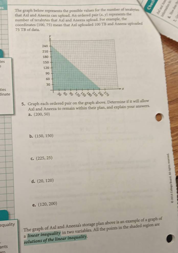 The graph below represents the possible values for the number of terabytes 
that Axl and Aneeza can upload. An ordered pair (x,y) represents the 

number of terabytes that Axl and Aneeza upload. For example, the 
coordinates (100,75) mean that Axl uploaded 100 TB and Aneeza uploaded
75 TB of data. 
ies 
ties 
dinate 
5. Graph each ordered pair on the graph above. Determine if it will allow 
Axl and Aneeza to remain within their plan, and explain your answers. 
a. (200,50)
b. (150,150)
C. (225,25)
d. (20,120)
: 
e. (120,200)
The graph of Axl and Aneeza's storage plan above is an example of a graph of 
equality 
a linear inequality in two variables. All the points in the shaded region are 
solutions of the linear inequality. 
ants