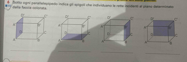 Sotto ogni parallelepipedo indica gli spigoli che individuano le rette incidenti al piano determinato
dalla faccia colorata.
_
_
_
_