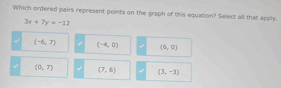 Which ordered pairs represent points on the graph of this equation? Select all that apply.
3x+7y=-12
(-6,7)
(-4,0)
(6,0)
(0,7)
(7,6)
(3,-3)