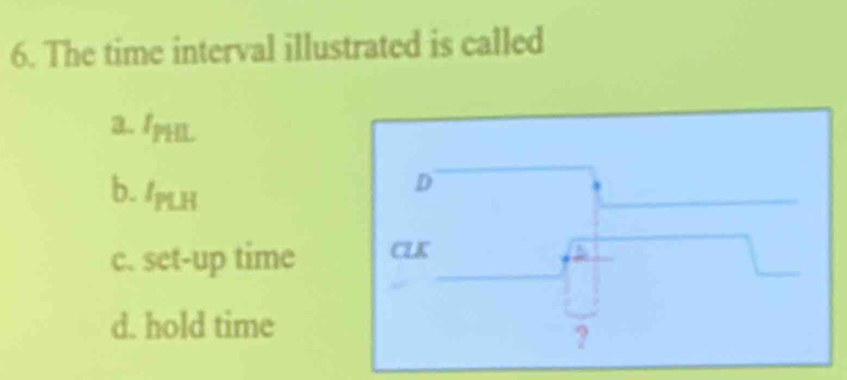 The time interval illustrated is called
a. 1phl
b. 1pLH
c. set-up time
d. hold time