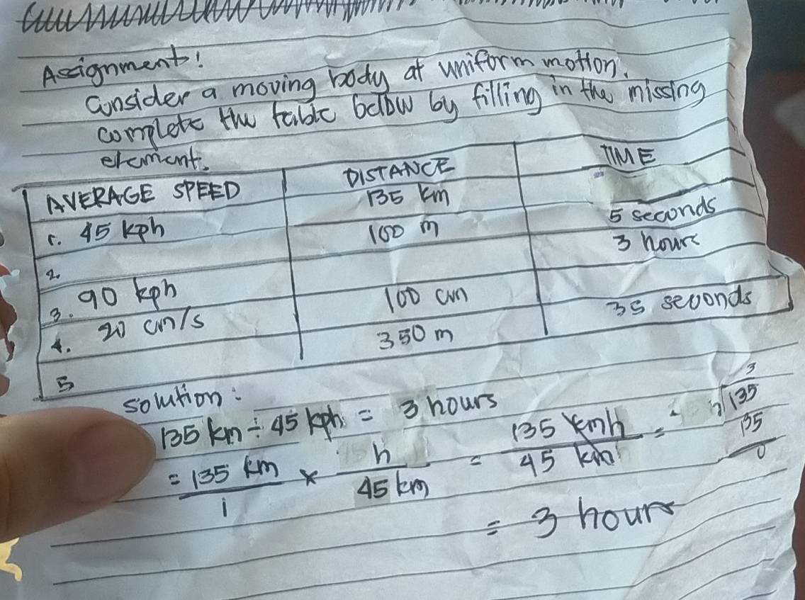 Aeignment! 
Consider a moving body at uniform motion. 
below by filling in the missing
= 135km/1 *  h/45km = 135kmh/45km =frac 2sqrt(135) 35/0 
135km/ 45kph=3
=3hours