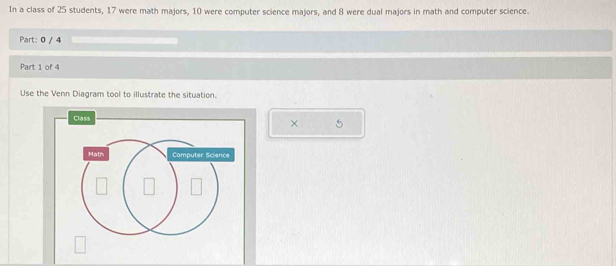 In a class of 25 students, 17 were math majors, 10 were computer science majors, and 8 were dual majors in math and computer science. 
Part: 0 / 4 
Part 1 of 4 
Use the Venn Diagram tool to illustrate the situation. 
Class 
× 5