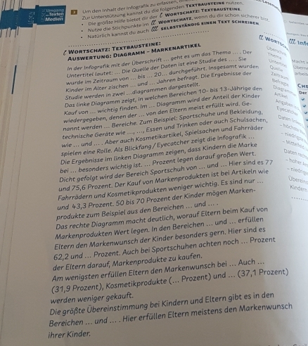 Um den inhalt der infografik zu erfassen, a
Zur Unterstützung kannst du die folgenden TExTBAUsteine nützen
Die größßte Hilfe bietet dir der Ö Wortschatz: Textbausteins
Medien = Te xh=
WoRtSCHAtz, wenn du der schön sicherer bir
Nutze die Stichpunkte im Natürlich kannst du auch selbstständig einen Text schreiben
 WORTSC
/ Wortschatz: Textbausteine:
'    t
Auswertung: Diagramm - Markenartikel
in der Infografik mit der Überschrift ... geht es um das Thema ... . Der
Theoa
Machti Wsers
Untertitel lautet: ... Die Quelle der Daten ist eine Studie des .    Sie Untertion
wurde im Zeitraum von ... bis ... 20... durchgeführt. Insgesamt wurden Qualn
Kinder im Alter zischen ... und ... Jahren befrägt. Die Ergebnisse der arbet
Refraçia Diang a D=r
Studie werden in zwei ..diagrammen dargestellt.
Das linke Diagramm zeigt, in welchen Bereichen 10- bis 13-Jährige den CH
Kauf von ... wichtig finden. Im ... Diagramm wird der Anteil der Kinder
wiedergegeben, denen der    on den Eltern m eist er fü llt wi    Gn
Eyecattivs Daten liné
nannt werden ... Bereiche. Zum Beispiel: Sportschuhe und Bekleidung,
technische Geräte wie ---, ---, Essen und Trinken oder auch Schulsachen.
wie ... und ... . Aber auch Kosmetikartikel, Spielsachen und Fahrräden
- öcha =     Nmdvée
spielen eine Rolle. Als Blickfang/ Eyecatcher zeigt die Infografik ...
Die Ergebnisse im linken Diagramm zeigen, dass Kindern die Marke
bei ... besonders wichtig ist. ... Prozent legen darauf großen Wert.
Daten sịch =  ngnasl 
Dicht gefolgt wird der Bereich Sportschuh von ... und ... Hier sind es 77
und 75,6 Prozent. Der Kauf von Markenprodukten ist bei Artikeln wie
nebrq
Fahrrädern und Kosmetikprodukten weniger wichtig. Es sind nur ...
Übertim
und 43,3 Prozent. 50 bis 70 Prozent der Kinder mögen Marken-
Kindem
_
produkte zum Beispiel aus den Bereichen ... und ... .
Das rechte Diagramm macht deutlich, worauf Eltern beim Kauf von
Markenprodukten Wert legen. In den Bereichen ... und ... erfüllen
Eltern den Markenwunsch der Kinder besonders gern. Hier sind es
62,2 und ... Prozent. Auch bei Sportschuhen achten noch ... Prozent
der Eltern darauf, Markenprodukte zu kaufen.
Am wenigsten erfüllen Eltern den Markenwunsch bei ... Auch ...
(31,9 Prozent), Kosmetikprodukte (... Prozent) und ... (37,1 Prozent)
werden weniger gekauft.
Die größte Übereinstimmung bei Kindern und Eltern gibt es in den
Bereichen ... und ... . Hier erfüllen Eltern meistens den Markenwunsch
ihrer Kinder.